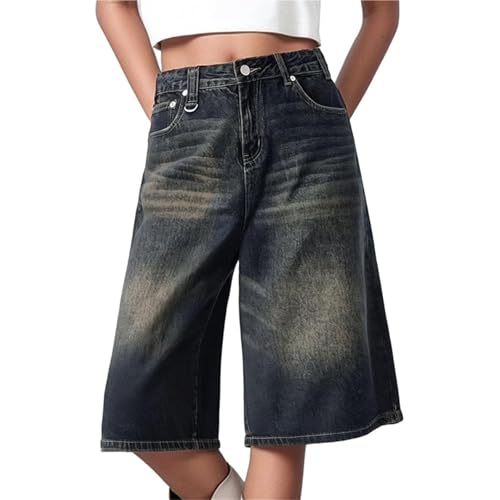 Sawmew Damen Baggy Denim Bermuda Shorts Y2k Vintage Straight Leg Lässige knielange Jeans Jorts mit Taschen Mid-Low Waist Y2K Sommer Heiße Kurze Hosen(Dark blue,M) von Sawmew