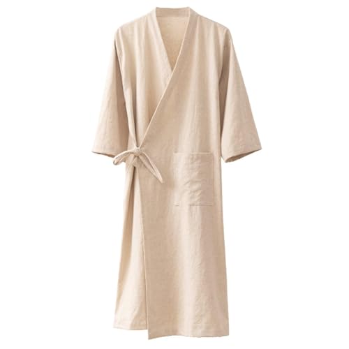 Sawmew Damen Baumwoll-Leinen-Bademantel für Paare im Japanischen Stil Saugfähiger Schnell Trocknender Kimono Yukata Saunamantel(Beige,L) von Sawmew