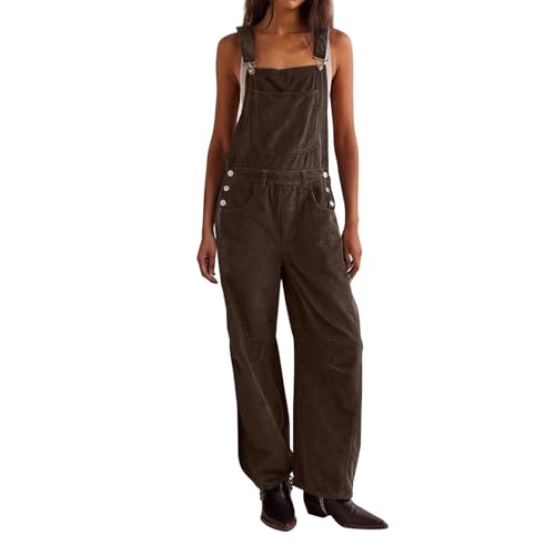 Sawmew Damen Cord-Latzhose Lang Gerade Träger Jumpsuit Ärmellos Verstellbarer Träger Strampler Lässiger Spielanzug Overall mit Taschen Einfarbig(Brown,L) von Sawmew