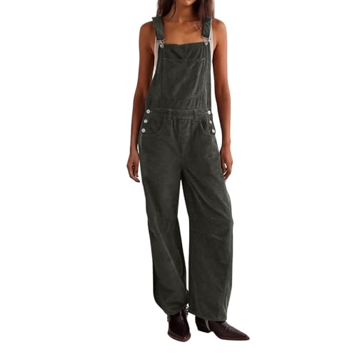 Sawmew Damen Cord-Latzhose Lang Gerade Träger Jumpsuit Ärmellos Verstellbarer Träger Strampler Lässiger Spielanzug Overall mit Taschen Einfarbig(Grey,M) von Sawmew
