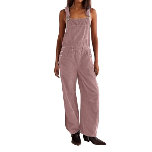Sawmew Damen Cord-Latzhose Lang Gerade Träger Jumpsuit Ärmellos Verstellbarer Träger Strampler Lässiger Spielanzug Overall mit Taschen Einfarbig(Pink,M) von Sawmew