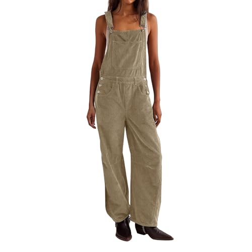 Sawmew Damen Cord-Latzhose Lang Gerader Träger Latzhose Overall Ärmellos Verstellbarer Riemen Lässiger Strampler Spielanzug Overall mit Taschen(Beige,L) von Sawmew