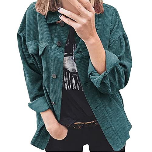 Sawmew Damen Cordhemd Lässiger Bluse Revers Langen Ärmeln Cordbluse Geknöpfte Cardigan Tops Langarmshirt Lockere Cordjacke Blusetops Hemdbluse (Color : Green, Size : 2XL) von Sawmew