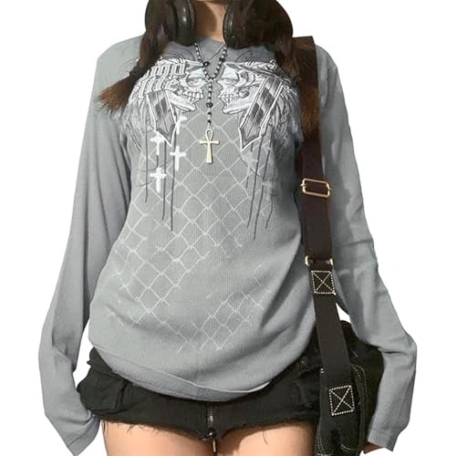 Sawmew Damen Crop Top Drucken Langarm T-Shirt Elegant Y2K Ästhetisch Pullover Vintage Tops O-Ausschnitt Sweet Harajuku Slim Fit Streetwear(S) von Sawmew