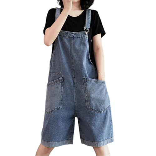 Sawmew Damen Denim Short-Overall Lässige Latzhose Boyfriend-Style Knielanger Jumpsuit mit Weitem Bein Verstellbare Träger Vintage Einfarbig mit Cargo-Taschen(Blue,L) von Sawmew
