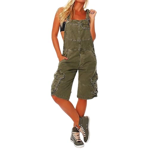 Sawmew Damen Denim Short-Overall Lässige Latzhose Boyfriend-Style Knielanger Jumpsuit mit Weitem Bein Verstellbare Träger Vintage Einfarbig mit Cargo-Taschen(Green,M) von Sawmew