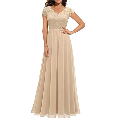 Sawmew Damen Elegant Ballkleid Lang Abendkleid für Hochzeit Ärmellos V-Ausschnitt Bodenlang Cocktailkleid Festliches Kleid High Waist A-Linie Patchwork Spitze Kleid (Color : Champagne, Size : M) von Sawmew