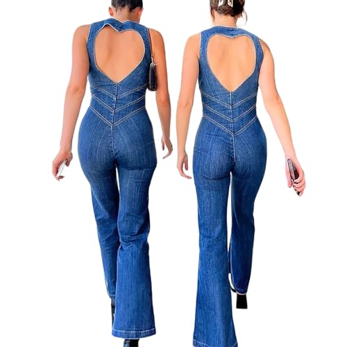 Sawmew Damen Flare Denim Jumpsuit Elegant Slim Fit Ärmellos V-Ausschnitt Reißverschluss Jeans Lange Hose Strampler Rückenfrei Damen Vintage Y2K Overall Hose Streetwear(S) von Sawmew