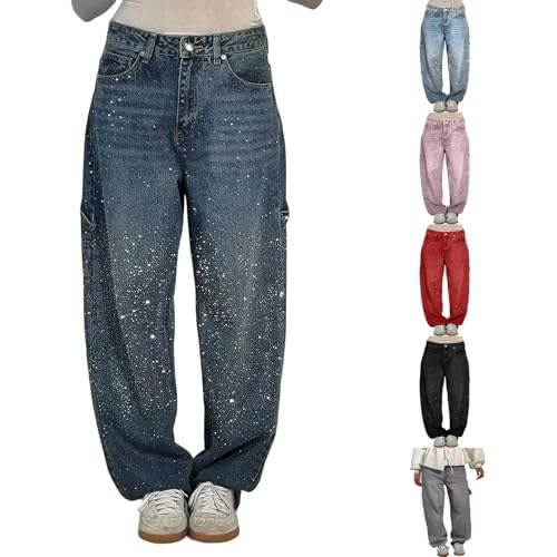 Sawmew Damen Geradem Bein Jeans Hohe Taille Jeans mit Weitem Bein Jeans Bequeme Jeanshose mit Taschen Baggy Boyfriend Denim Streetwear Cargohose(Dark blue,XXL) von Sawmew