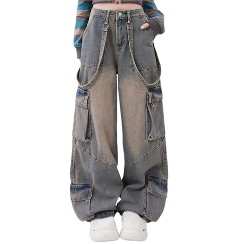 Sawmew Damen Geradem Bein Jeans Hohe Taille Jeans mit Weitem Bein Jeans Bequeme Jeanshose mit Taschen Baggy Boyfriend Denim Streetwear Cargohose(L) von Sawmew