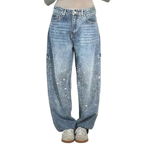 Sawmew Damen Geradem Bein Jeans Hohe Taille Jeans mit Weitem Bein Jeans Bequeme Jeanshose mit Taschen Baggy Boyfriend Denim Streetwear Cargohose(Light blue,3XL) von Sawmew