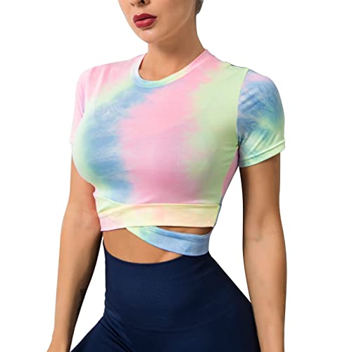 Sawmew Damen Gerippte Sport Oberteile mit Daumenloch - Bauchfrei Langarm/Kurzarm Tie-Dye Laufshirt Sportshirt für Yoga Fitness Gym Workout Radfahren Jogging (Color : Pink Short Sleeves, Size : S) von Sawmew