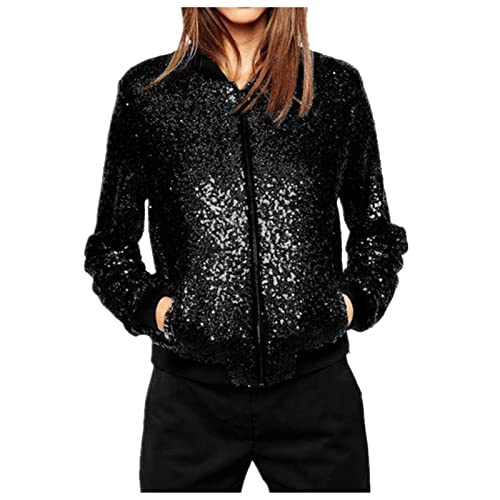 Sawmew Damen Glitzer Pailletten Jacke Hiphop Langarm Bomberjacke Fliegenjacke Bikerjacke Outwear (Color : Black, Size : L) von Sawmew