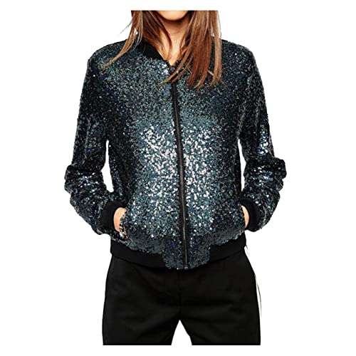 Sawmew Damen Glitzer Pailletten Jacke Hiphop Langarm Bomberjacke Fliegenjacke Bikerjacke Outwear (Color : Blue, Size : M) von Sawmew