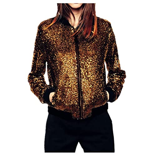 Sawmew Damen Glitzer Pailletten Jacke Hiphop Langarm Bomberjacke Fliegenjacke Bikerjacke Outwear (Color : Gold, Size : M) von Jieroans