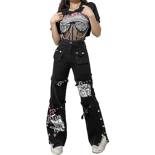 Sawmew Damen Goth Baggy Jeans Weites Bein E-Girl Grunge Gothic Hose Harajuku Y2k Tripp Hose Punk Streetwear Hip Hop Hose (Color : Black, Size : L) von Sawmew