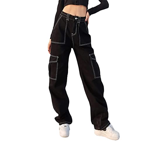 Sawmew Damen High Waist Jeans Y2K E-Girl Frauen Jeanshosen Baggy Jeans Vintage Wide Leg Jeans Schlaghose 90er Jahre Ästhetische Koreanische Hose Harajuku Baggy Stretch Hose Lange Cargo Pants (Color : von Sawmew