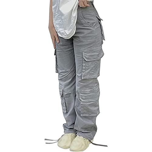 Sawmew Damen Hohe Taille Weites Bein Gerade Denim Jeans Y2K Baggy Hose Vintage Streetwear Cargohose mit Taschen (Color : Grey, Size : XL) von Sawmew