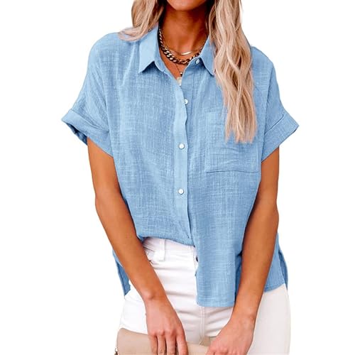 Sawmew Damen Jeanshemd Kurzarm Button Down Denim Shirt mit Taschen Lose Sommer Jeansbluse Kurzärmelig Freizeithemd Oberteil Lockere Passform Jeansjacke (Color : Blue, Size : M) von Sawmew