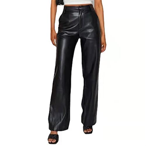 Sawmew Damen Kunstleder Hosen High Waist Lederhose Ladies Lederoptik Weit Bein Kunstlederhose Lässige Stretch Hosen (Color : Black, Size : L) von Sawmew