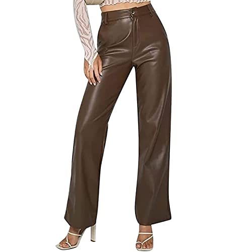 Sawmew Damen Kunstlederhose Hohe Taille Elegant Lederhose, Lederimitat Kunstleder Hose Damen Lederhose Hohe Taille Gerade Weites Bein PU Legging (Color : Brown, Size : XL) von Sawmew