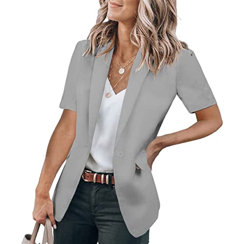 Sawmew Damen Kurzarm Blazer Elegant Frühlings Anzüge Elegant Langarm Blazer Sakko Einfarbig Slim Fit Revers Geschäft Büro Jacke Kurz Mantel (Color : Grey, Size : M) von Sawmew