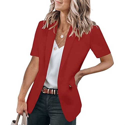 Sawmew Damen Kurzarm Blazer Elegant Frühlings Anzüge Elegant Langarm Blazer Sakko Einfarbig Slim Fit Revers Geschäft Büro Jacke Kurz Mantel (Color : Red, Size : XL) von Sawmew