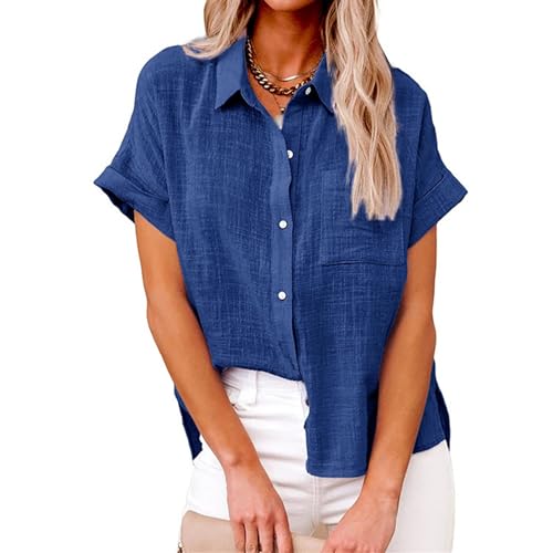 Sawmew Damen Kurzarm Jeanshemd Kurzärmliges Jeanshemd für Damen Gerade Tasche Lockeres Oberteil Lose Sommer Jeansbluse (Color : Navy Blue, Size : M) von Sawmew
