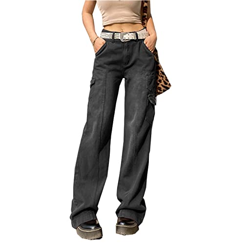 Sawmew Damen Low Waist Cargo Jeans Gerade Breites Bein Baggy Denim Hosen Y2k Indie Aesthetic Vintage Jeanshosen 90er Streetwear (Color : Black, Size : M) von Sawmew