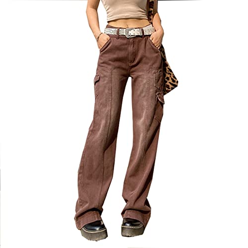 Sawmew Damen Low Waist Cargo Jeans Gerade Breites Bein Baggy Denim Hosen Y2k Indie Aesthetic Vintage Jeanshosen 90er Streetwear (Color : Brown, Size : L) von Sawmew