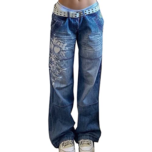 Sawmew Damen Low Waist Wide Leg Jeans Vintage Print Baggy Hose Y2k Distressed Straight Denim Pants Slim Flare Jean e Girl Streetwear (Color : Blue, Size : L) von Sawmew