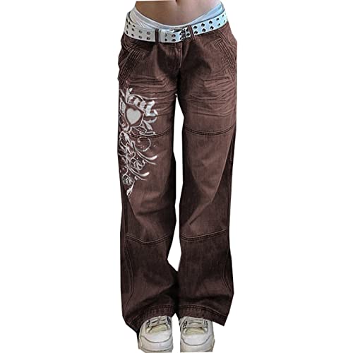 Sawmew Damen Low Waist Wide Leg Jeans Vintage Print Baggy Hose Y2k Distressed Straight Denim Pants Slim Flare Jean e Girl Streetwear (Color : Brown, Size : L) von Sawmew