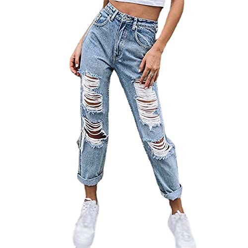 Sawmew Damen Mom Destroyed Ankle Jeans Damen Big Holes Straight Boyfriend Mom Jeans Damen Zerrissen Denim Jeans Zerrissene Jeans mit Hoher Taille Stretch Jeanshosen Stretch Denim Boyfrien von Sawmew