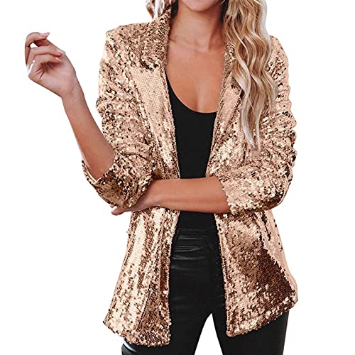 Sawmew Damen Pailletten Jacke Casual Langarm Glitzer Blazer Bomberjacke Festlich Party Club Kurze Jacke Glänzend Langarm Glitzer Jackett Frauen Glitzer Oberteile Blazer (Color : Gold, Size : M) von Sawmew