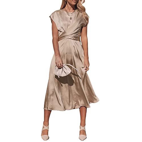 Sawmew Damen Satinkleid Elegant Sommer Midikleider Rundhals Ärmelloses Hohe Taille A-Line Lange Kleider Einfarbig Riemchen Abendkleid Cocktailkleid Satin Festtagskleid (Color : Apricot, Size : L) von Sawmew