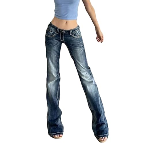 Sawmew Damen Skinny Flared Jeans Stretch-Denim Niedrige Taille Bootcut Fit Y2K Vintage Style Ausgestellter Schlag mit Taschen Blau Gewaschen Schlaghosen Lang(M) von Sawmew
