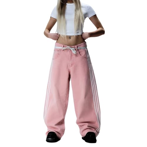 Sawmew Damen Vintage Baggy Jeans Loose Fit Wide Leg Denim Hose mit Streifen Y2K Hip Hop Style Oversized Low Rise Jeans Einfarbig für Casual Streetwear(Pink,S) von Sawmew