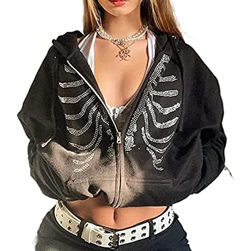 Sawmew Damen Y2K Aesthetic Hoodie Grafik Skelett Strass Kapuzenpullover Vintage Zip Up Sweatshirts E-Girl 90er Streetwear Jacke (Color : Black, Size : M) von Sawmew