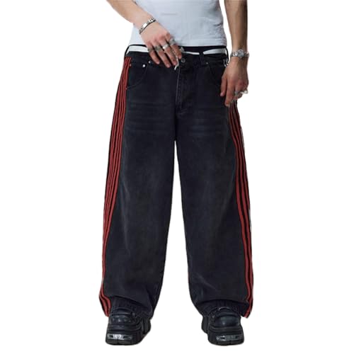 Sawmew Damen Y2K Baggy Jeans Low Rise Wide Leg Denim Hose Gestreifter Vintage Style Oversized Loose Fit Jeans mit Taschen Lange Jeans für Hip Hop Streetwear(Red,M) von Sawmew