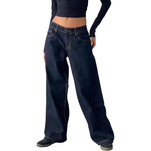 Sawmew Damen Y2K Low Rise Baggy Jeans Weites Bein Loose Fit Boyfriend Straight Leg Trendy Stretch Denim Hose Streetwear(Dark Blue,XS) von Sawmew