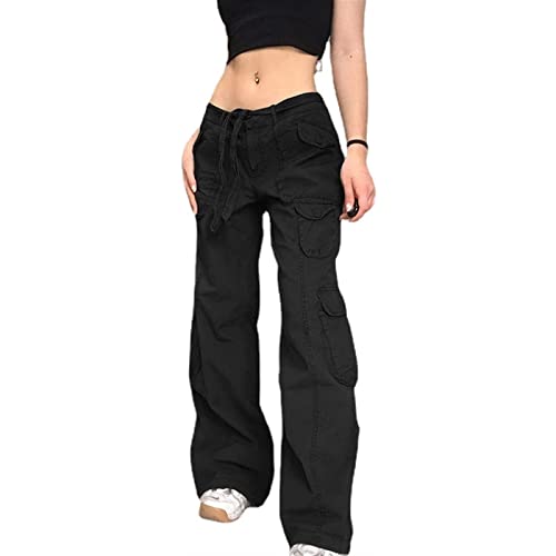 Sawmew Damen Y2K Low Waisted Baggy Jeans Low Rise Cargo Denim Hose mit Taschen Straight Wide Leg Distressed Hose Vintage Streetwear (Color : Black, Size : M) von Sawmew