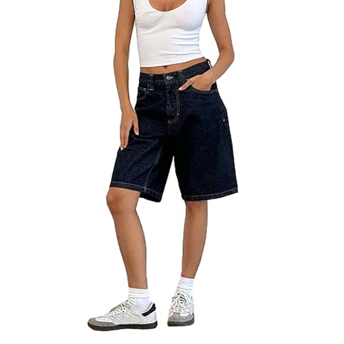 Sawmew Damen Y2k Baggy Jorts Vintage Low Waist Wide Leg Long Jean Shorts Loose Fit Knielange Jeansshorts mit Taschen Trendy Streetwear Damen Teenager(Dark Blue,M) von Sawmew