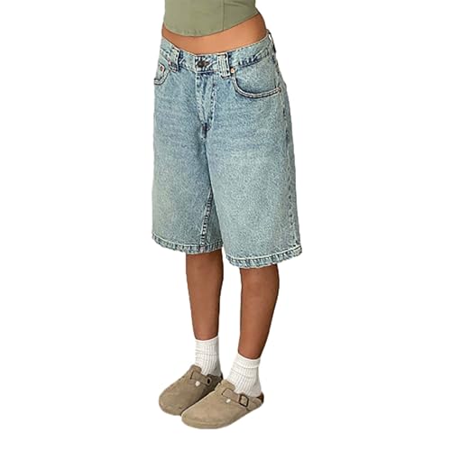 Sawmew Damen Y2k Baggy Jorts Vintage Low Waist Wide Leg Long Jean Shorts Loose Fit Knielange Jeansshorts mit Taschen Trendy Streetwear Damen Teenager(Light Blue,XXL) von Sawmew