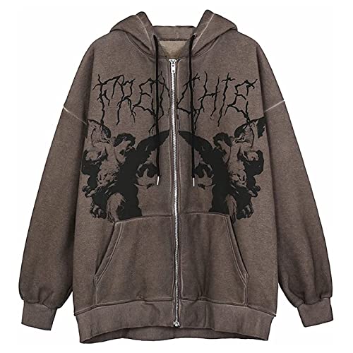 Sawmew Damen Y2k Langarm Zip Up Hoodies Übergroße Goth Vintage Kapuzen Sweatshirts Retro Ästhetische Jacken (Color : Brown, Size : 4XL) von Sawmew