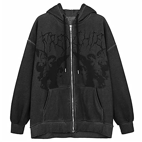 Sawmew Damen Y2k Langarm Zip Up Hoodies Übergroße Goth Vintage Kapuzen Sweatshirts Retro Ästhetische Jacken (Color : Dark Gray, Size : 4XL) von Sawmew