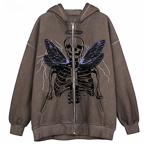 Sawmew Damen Zipper Hoodie Y2K Skeleton Print Gothic Harajuku Zipper Pullover (Color : Brown, Size : 4XL) von Sawmew