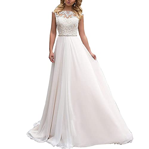 Sawmew Elegant Hochzeitskleid Damen Lang Hochzeitskleider Spitze Chiffon Brautmode Rückenfrei Weiß Vintage Spitze A Linie Brautkleid Abendkleider (Color : Creamy-White, Size : 36) von Sawmew