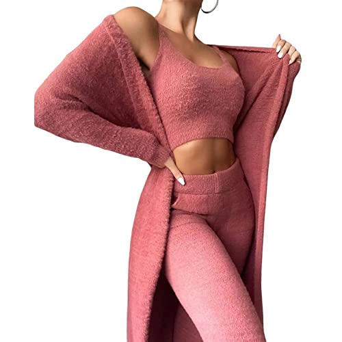 Sawmew Flauschiges 3-Teiliges Pyjama-Set Für Damen, Sexy, Warmes, Flauschiges Fleece, Vorne Offen, Strickjacke, Crop-top, Hose, Anzug, Loungewear, Zuhause, Pyjama-Sets Für Herbst Und Winter von Sawmew