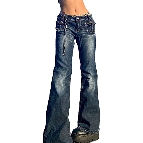 Sawmew Grafik Low Waist Jeans Damen Vintage Skinny Denim Hose 2000Er Ästhetische Jeans Bottom Y2K (Color : Blue, Size : L) von Sawmew