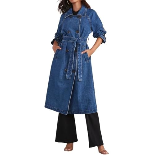 Sawmew Herbstjacke Damen Jeansjacke Lang Mantel Oversize Denim Jacke Parka mit Taschen Revers Oberbekleidung Herbst Winter Übergangsmantel Jeansmantel (Color : Blue, Size : M) von Sawmew